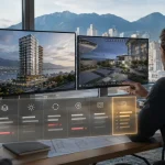 Architect and developer reviewing a luxury Vancouver high rise through static and interactive architectural visualizations, with transparent pricing indicators in the foreground 