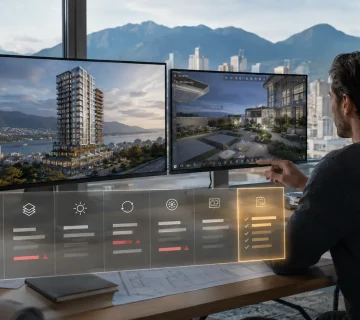 Architect and developer reviewing a luxury Vancouver high rise through static and interactive architectural visualizations, with transparent pricing indicators in the foreground 
