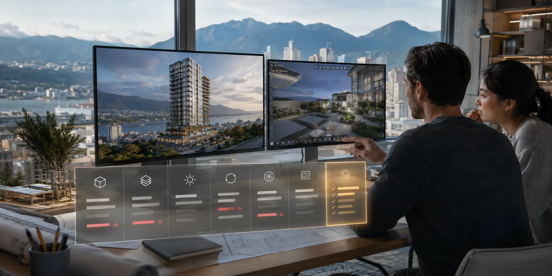 Architect and developer reviewing a luxury Vancouver high rise through static and interactive architectural visualizations, with transparent pricing indicators in the foreground 