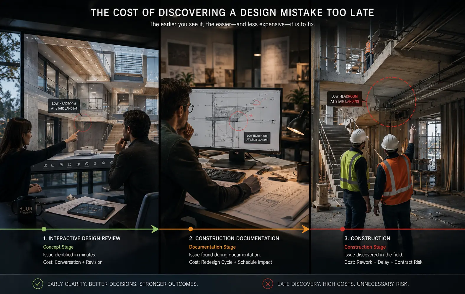 Interactive design review comparing the cost of finding design mistakes during concept design, documentation, and construction.