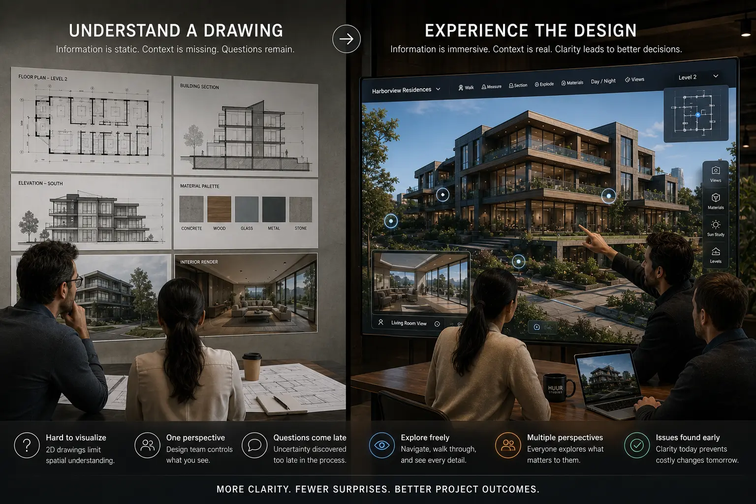 Architectural drawings compared with an interactive 3D design review that allows teams to experience and navigate a project before construction.